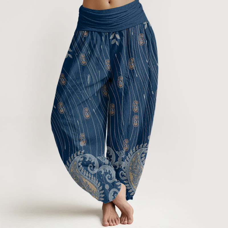 Pantalones harén con cintura elástica para mujer, informales, con estampado de cachemira, hojas y líneas onduladas, de Buddha Stones - Azul medio - US22，UK/AU26，EU54 (6XL) - image 1