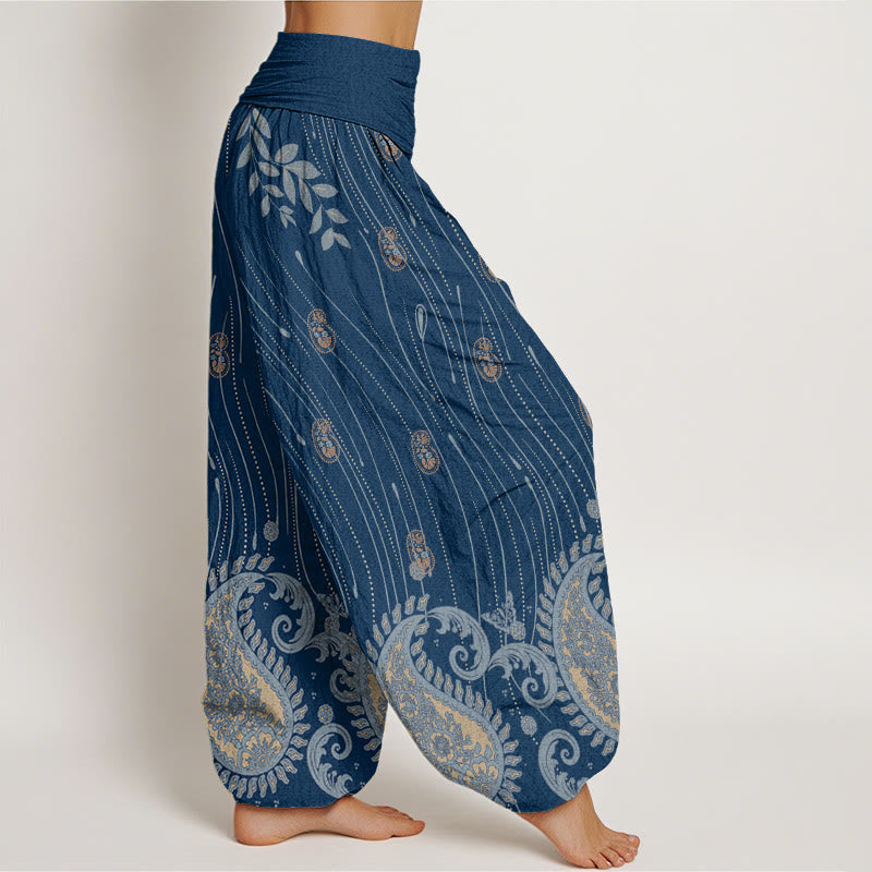 Pantalones harén con cintura elástica para mujer, informales, con estampado de cachemira, hojas y líneas onduladas, de Buddha Stones - image 2