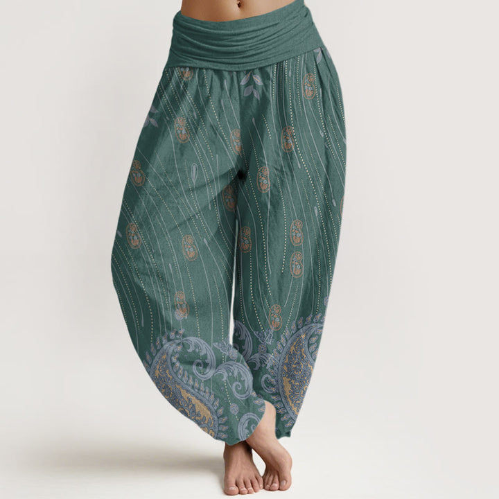 Pantalones harén con cintura elástica para mujer, informales, con estampado de cachemira, hojas y líneas onduladas, de Buddha Stones - Cian oscuro - US22，UK/AU26，EU54 (6XL) - image 5