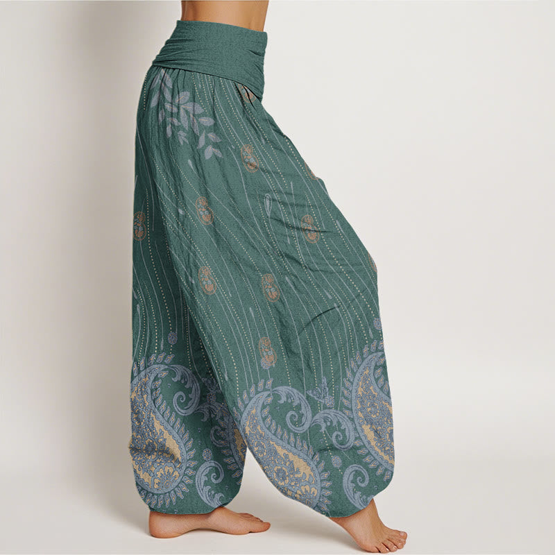 Pantalones harén con cintura elástica para mujer, informales, con estampado de cachemira, hojas y líneas onduladas, de Buddha Stones - image 6