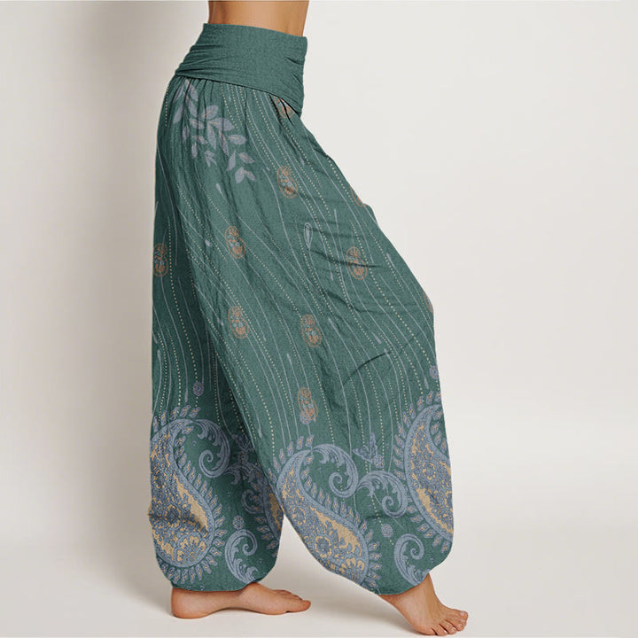 Pantalones harén con cintura elástica para mujer, informales, con estampado de cachemira, hojas y líneas onduladas, de Buddha Stones - image 6
