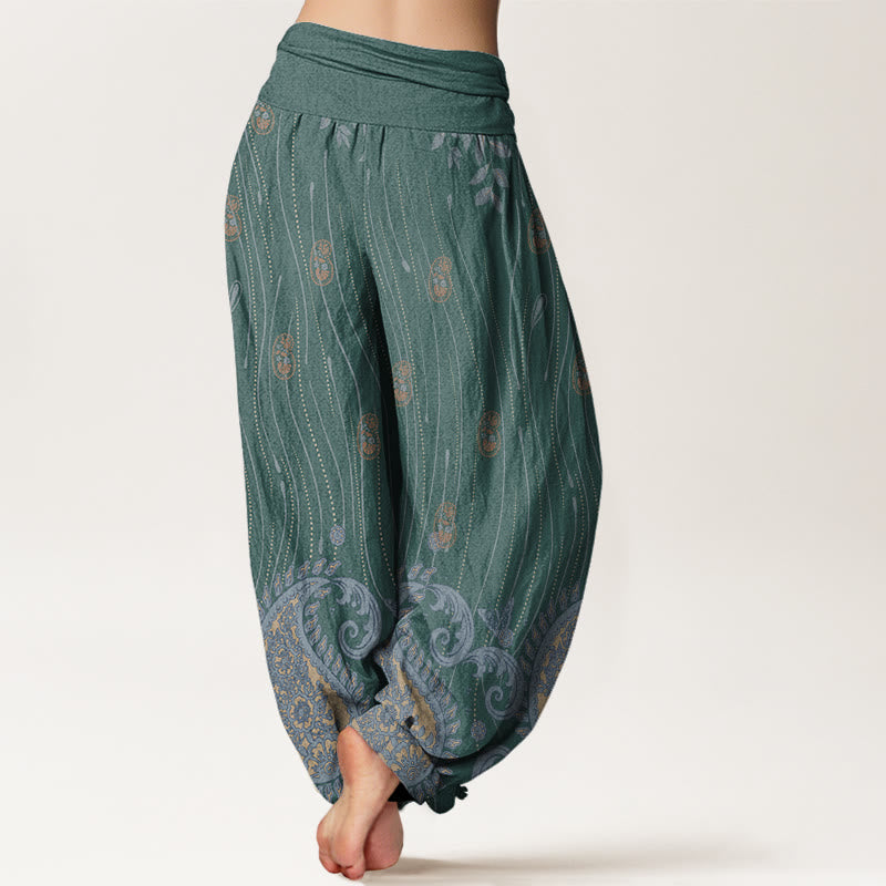 Pantalones harén con cintura elástica para mujer, informales, con estampado de cachemira, hojas y líneas onduladas, de Buddha Stones - image 7