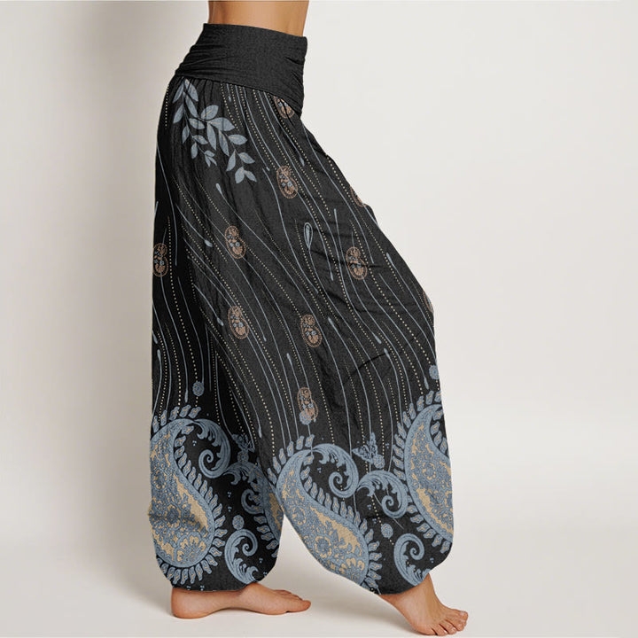 Pantalones harén con cintura elástica para mujer, informales, con estampado de cachemira, hojas y líneas onduladas, de Buddha Stones - image 9