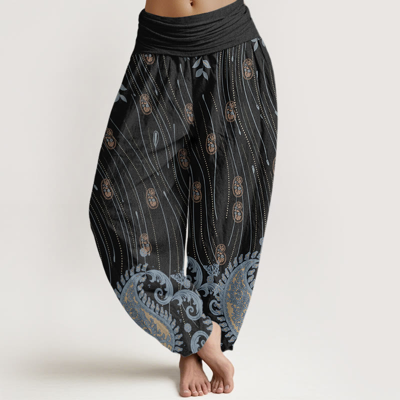 Pantalones harén con cintura elástica para mujer, informales, con estampado de cachemira, hojas y líneas onduladas, de Buddha Stones - Negro - US22，UK/AU26，EU54 (6XL) - image 8