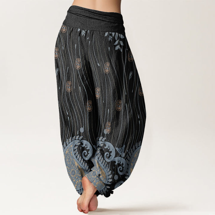 Pantalones harén con cintura elástica para mujer, informales, con estampado de cachemira, hojas y líneas onduladas, de Buddha Stones - image 10