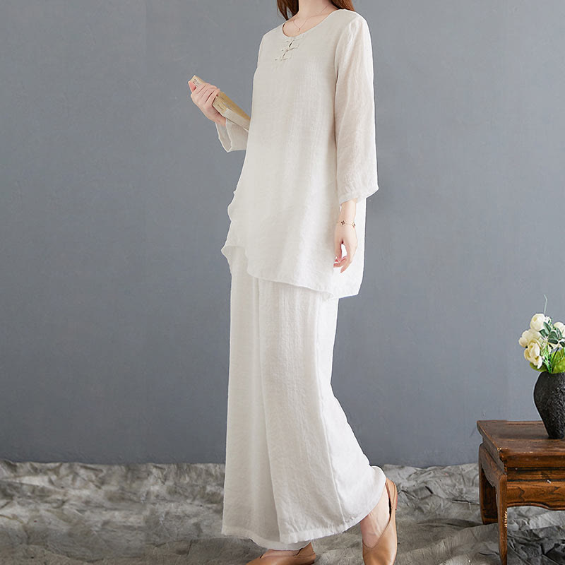 Conjunto de 2 piezas de camisa y pantalones de manga larga con diseño de rana china y botones de Buddha Stones, de algodón y lino, para meditación, zen y tai chi, para mujer.