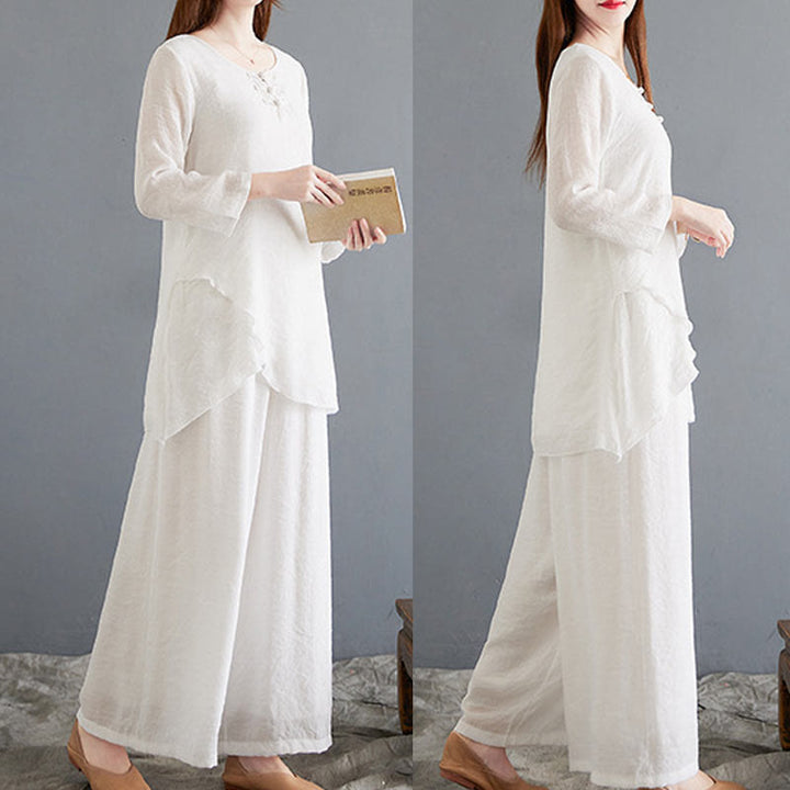 Conjunto de 2 piezas de camisa y pantalones de manga larga con diseño de rana china y botones de Buddha Stones, de algodón y lino, para meditación, zen y tai chi, para mujer.