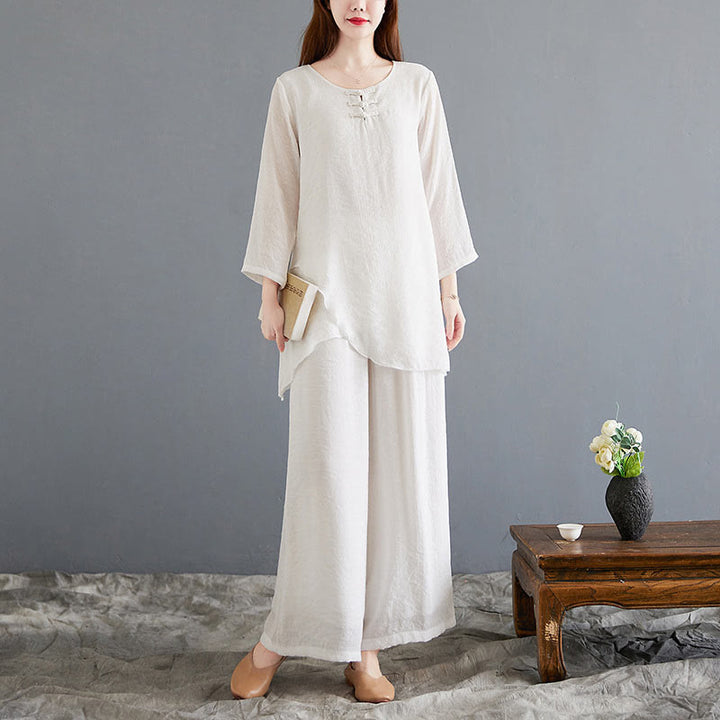 Conjunto de 2 piezas de camisa y pantalones de manga larga con diseño de rana china y botones de Buddha Stones, de algodón y lino, para meditación, zen y tai chi, para mujer.