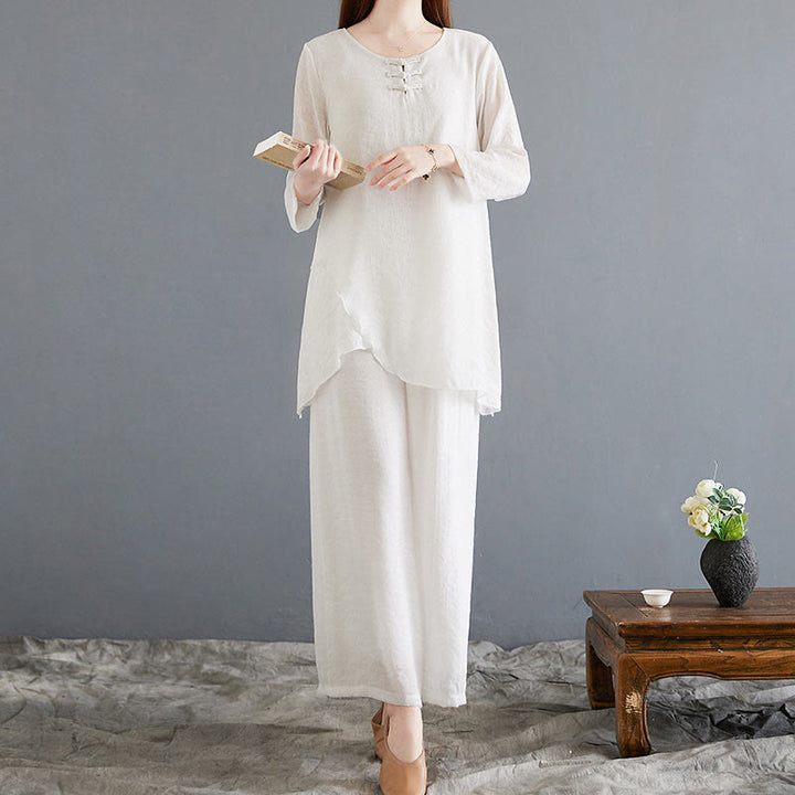 Conjunto de 2 piezas de camisa y pantalones de manga larga con diseño de rana china y botones de Buddha Stones, de algodón y lino, para meditación, zen y tai chi, para mujer.