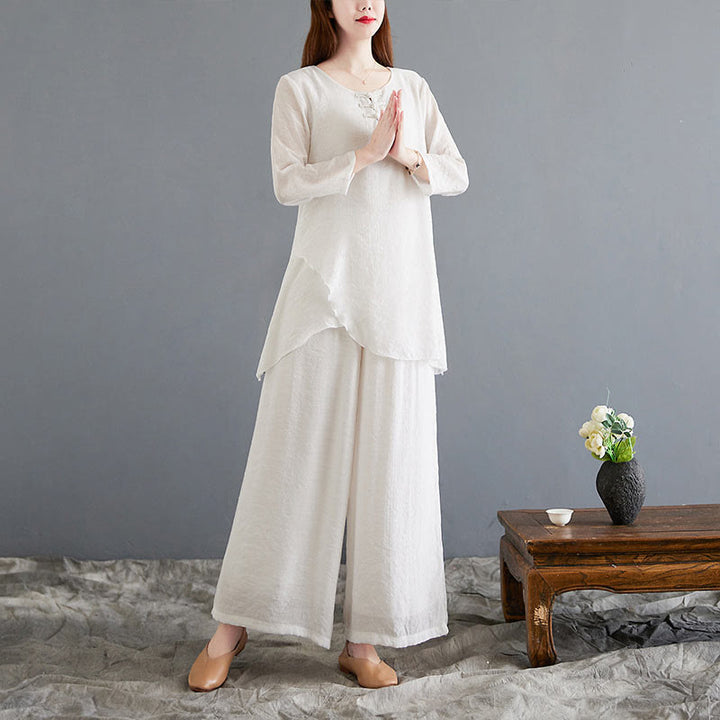 Conjunto de 2 piezas de camisa y pantalones de manga larga con diseño de rana china y botones de Buddha Stones, de algodón y lino, para meditación, zen y tai chi, para mujer.
