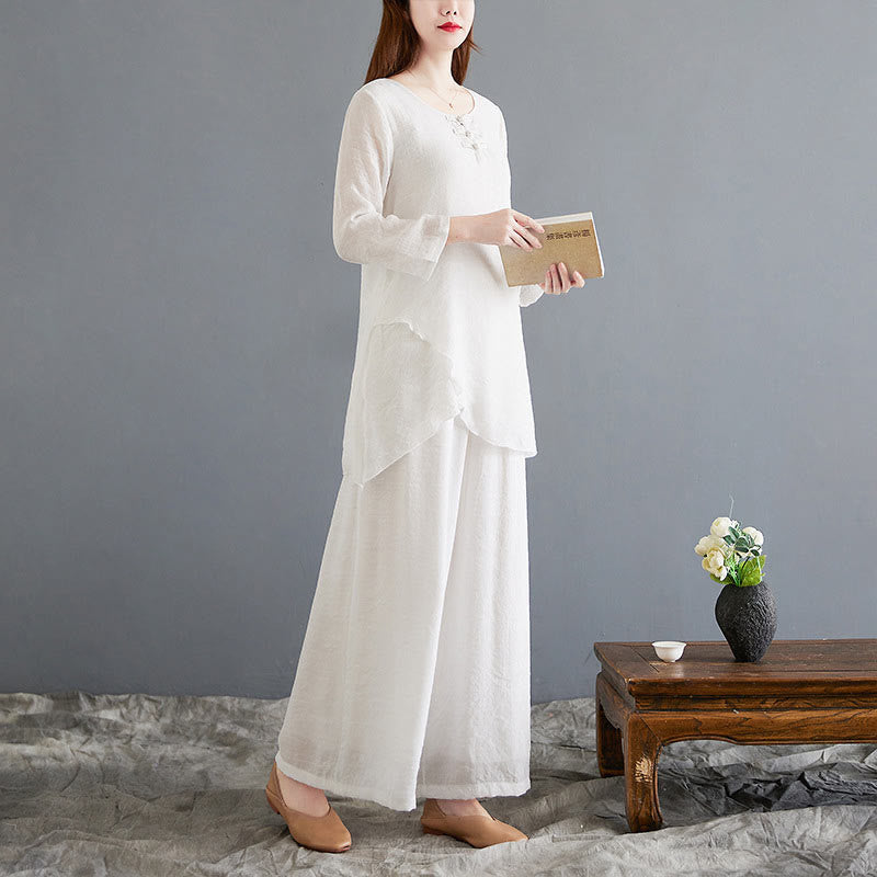 Conjunto de 2 piezas de camisa y pantalones de manga larga con diseño de rana china y botones de Buddha Stones, de algodón y lino, para meditación, zen y tai chi, para mujer.