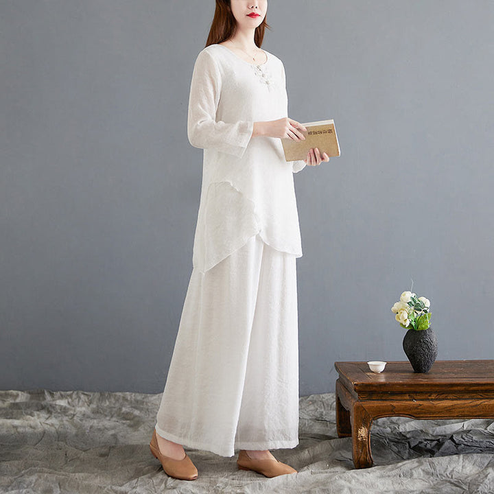 Conjunto de 2 piezas de camisa y pantalones de manga larga con diseño de rana china y botones de Buddha Stones, de algodón y lino, para meditación, zen y tai chi, para mujer.