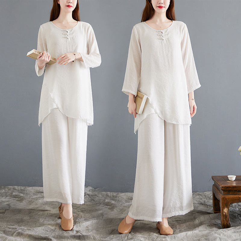 Conjunto de 2 piezas de camisa y pantalones de manga larga con diseño de rana china y botones de Buddha Stones, de algodón y lino, para meditación, zen y tai chi, para mujer.