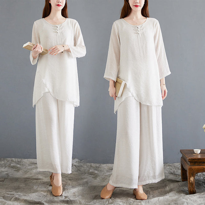 Conjunto de 2 piezas de camisa y pantalones de manga larga con diseño de rana china y botones de Buddha Stones, de algodón y lino, para meditación, zen y tai chi, para mujer.