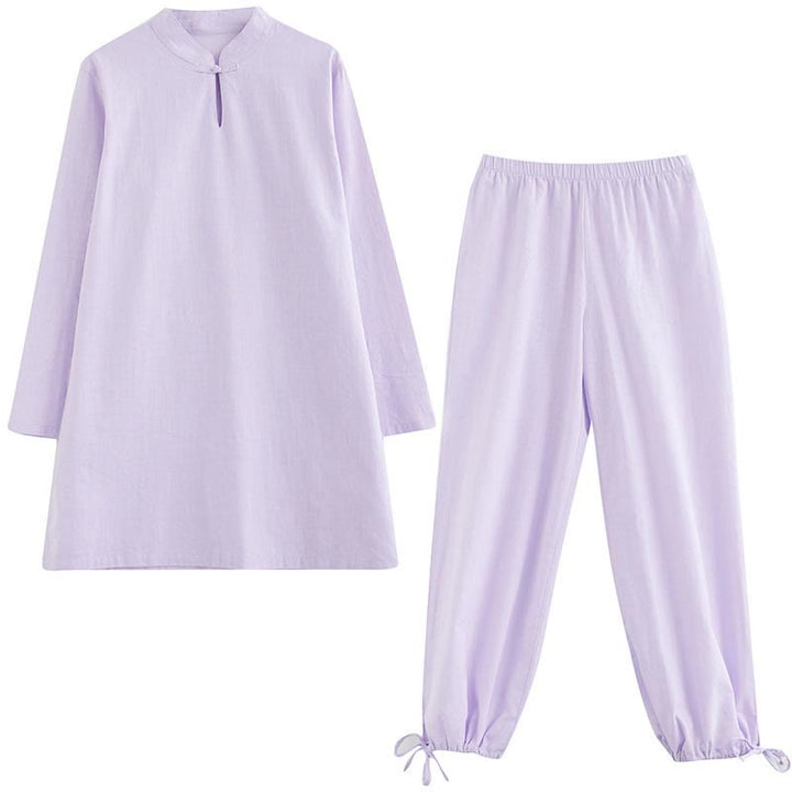 Conjunto de 2 piezas de camisa de manga larga con cuello alto y botones de rana de color liso con Buddha Stones y pantalones de cintura elástica para meditación, tai chi y zen para mujer