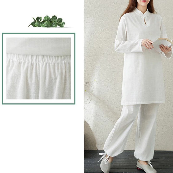 Conjunto de 2 piezas de camisa de manga larga con cuello alto y botones de rana de color liso con Buddha Stones y pantalones de cintura elástica para meditación, tai chi y zen para mujer