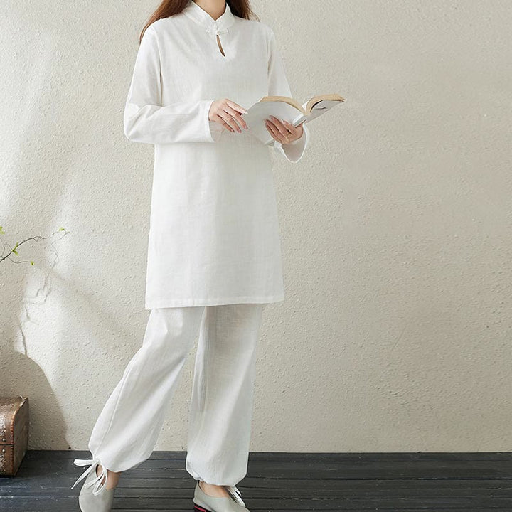 Conjunto de 2 piezas de camisa de manga larga con cuello alto y botones de rana de color liso con Buddha Stones y pantalones de cintura elástica para meditación, tai chi y zen para mujer