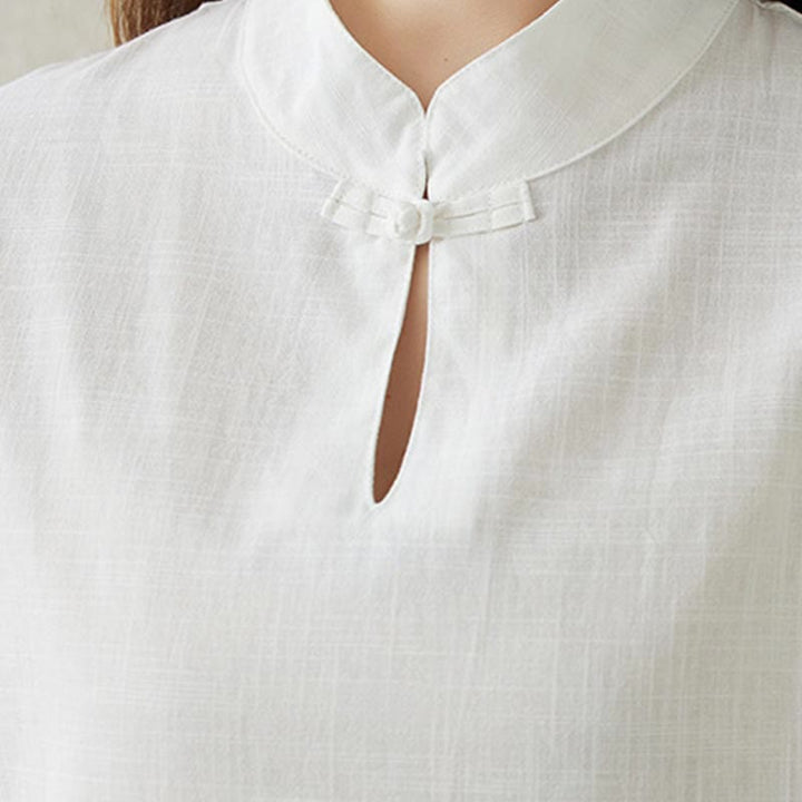 Conjunto de 2 piezas de camisa de manga larga con cuello alto y botones de rana de color liso con Buddha Stones y pantalones de cintura elástica para meditación, tai chi y zen para mujer