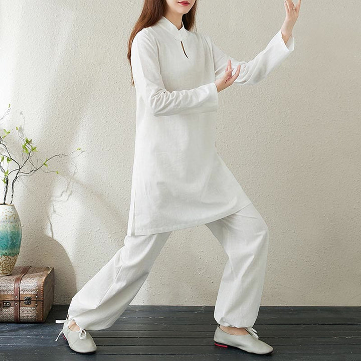 Conjunto de 2 piezas de camisa de manga larga con cuello alto y botones de rana de color liso con Buddha Stones y pantalones de cintura elástica para meditación, tai chi y zen para mujer
