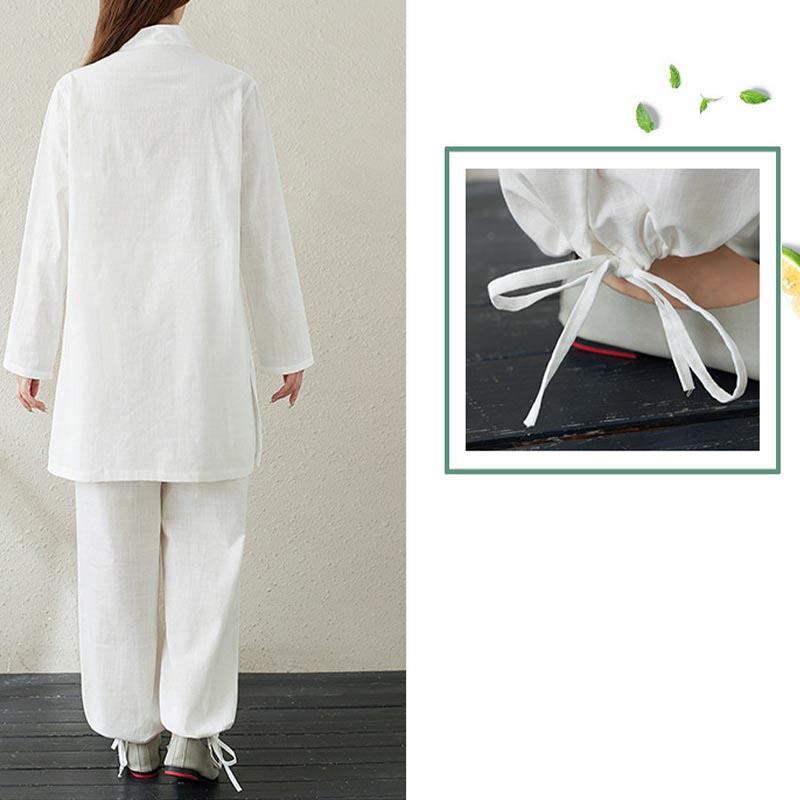 Conjunto de 2 piezas de camisa de manga larga con cuello alto y botones de rana de color liso con Buddha Stones y pantalones de cintura elástica para meditación, tai chi y zen para mujer