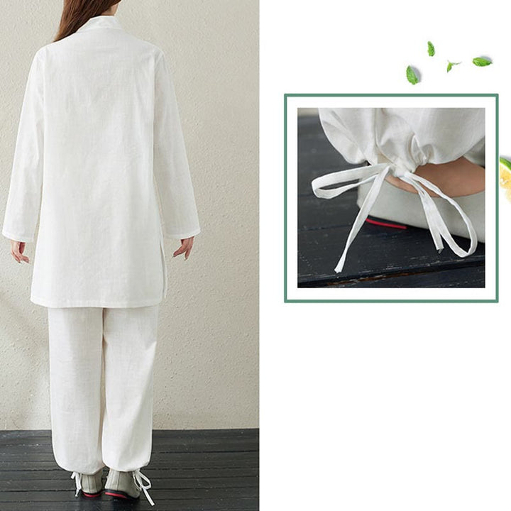 Conjunto de 2 piezas de camisa de manga larga con cuello alto y botones de rana de color liso con Buddha Stones y pantalones de cintura elástica para meditación, tai chi y zen para mujer