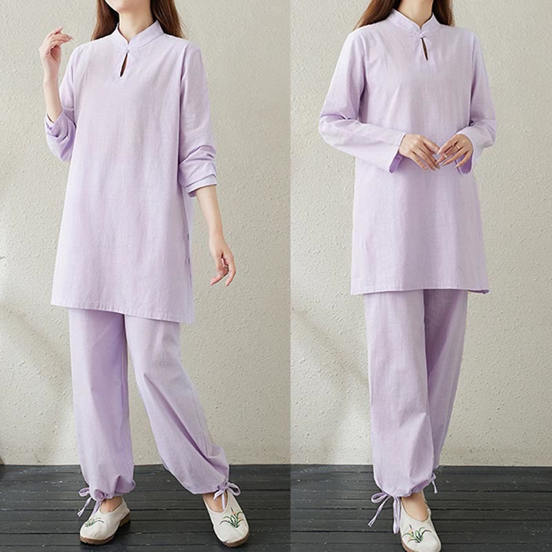 Conjunto de 2 piezas de camisa de manga larga con cuello alto y botones de rana de color liso con Buddha Stones y pantalones de cintura elástica para meditación, tai chi y zen para mujer