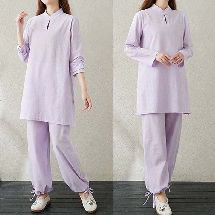 Conjunto de 2 piezas de camisa de manga larga con cuello alto y botones de rana de color liso con Buddha Stones y pantalones de cintura elástica para meditación, tai chi y zen para mujer