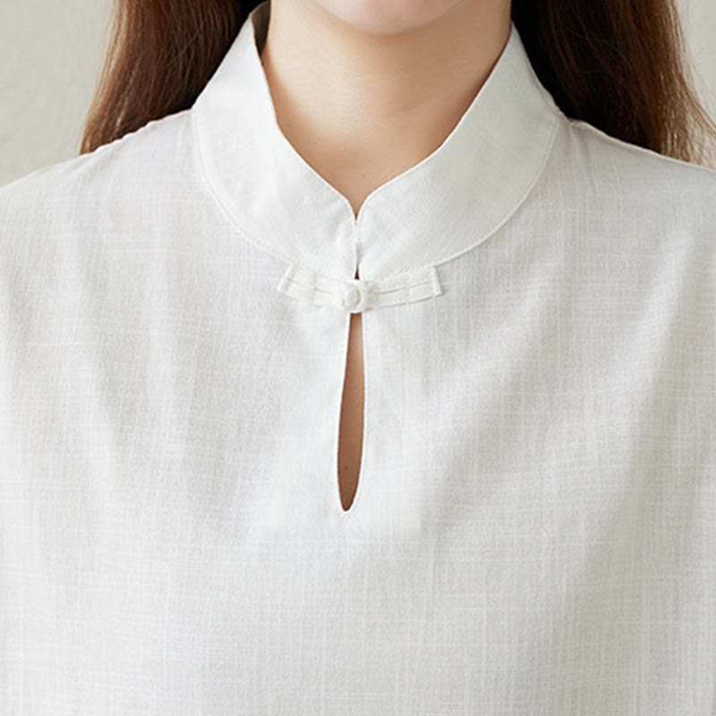 Conjunto de 2 piezas de camisa de manga larga con cuello alto y botones de rana de color liso con Buddha Stones y pantalones de cintura elástica para meditación, tai chi y zen para mujer