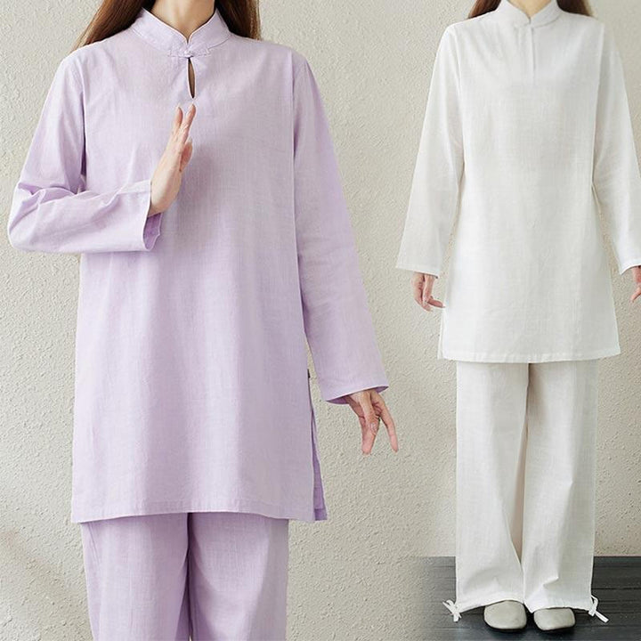 Conjunto de 2 piezas de camisa de manga larga con cuello alto y botones de rana de color liso con Buddha Stones y pantalones de cintura elástica para meditación, tai chi y zen para mujer