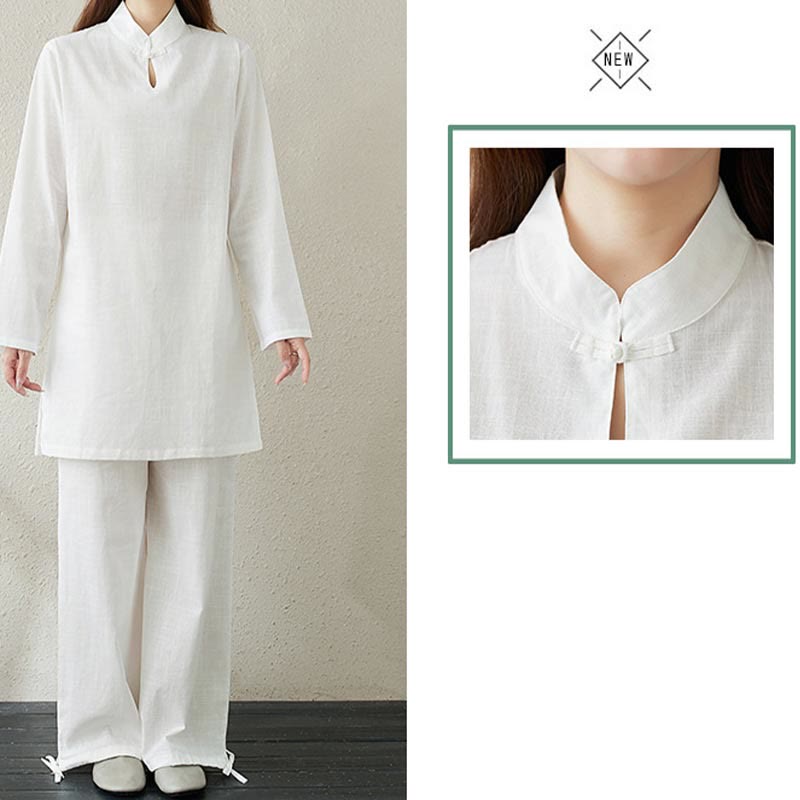 Conjunto de 2 piezas de camisa de manga larga con cuello alto y botones de rana de color liso con Buddha Stones y pantalones de cintura elástica para meditación, tai chi y zen para mujer