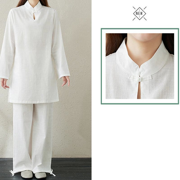Conjunto de 2 piezas de camisa de manga larga con cuello alto y botones de rana de color liso con Buddha Stones y pantalones de cintura elástica para meditación, tai chi y zen para mujer
