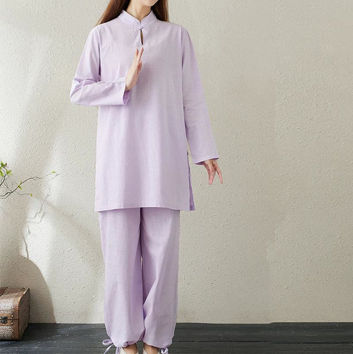 Conjunto de 2 piezas de camisa de manga larga con cuello alto y botones de rana de color liso con Buddha Stones y pantalones de cintura elástica para meditación, tai chi y zen para mujer