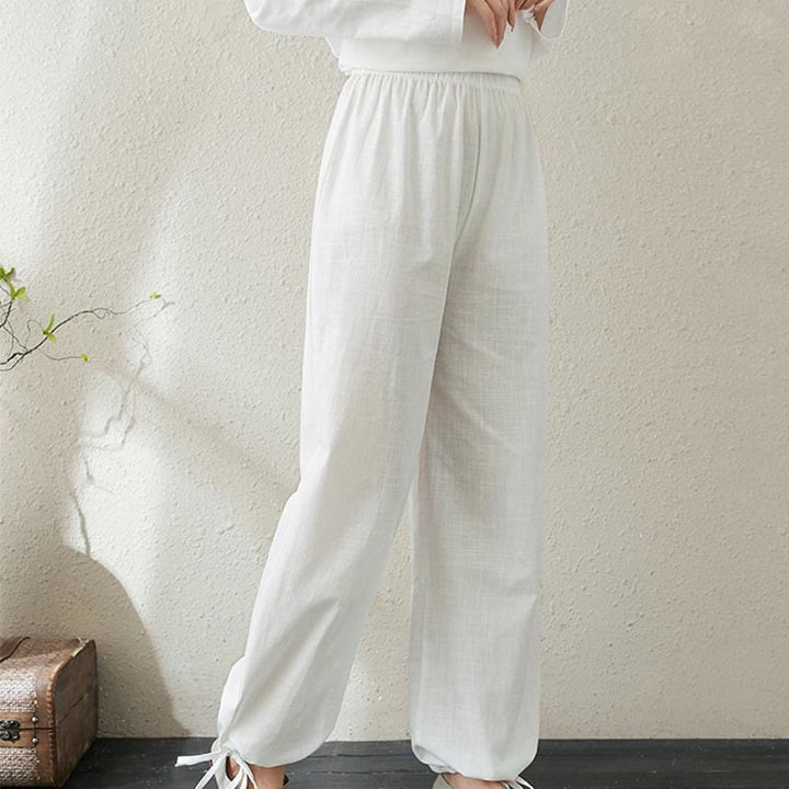 Conjunto de 2 piezas de camisa de manga larga con cuello alto y botones de rana de color liso con Buddha Stones y pantalones de cintura elástica para meditación, tai chi y zen para mujer