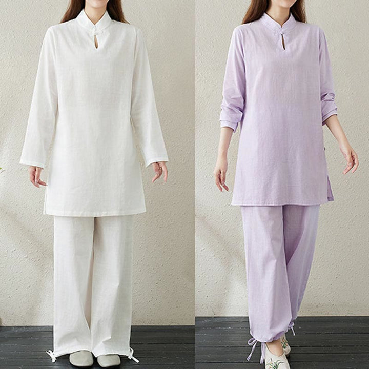 Conjunto de 2 piezas de camisa de manga larga con cuello alto y botones de rana de color liso con Buddha Stones y pantalones de cintura elástica para meditación, tai chi y zen para mujer