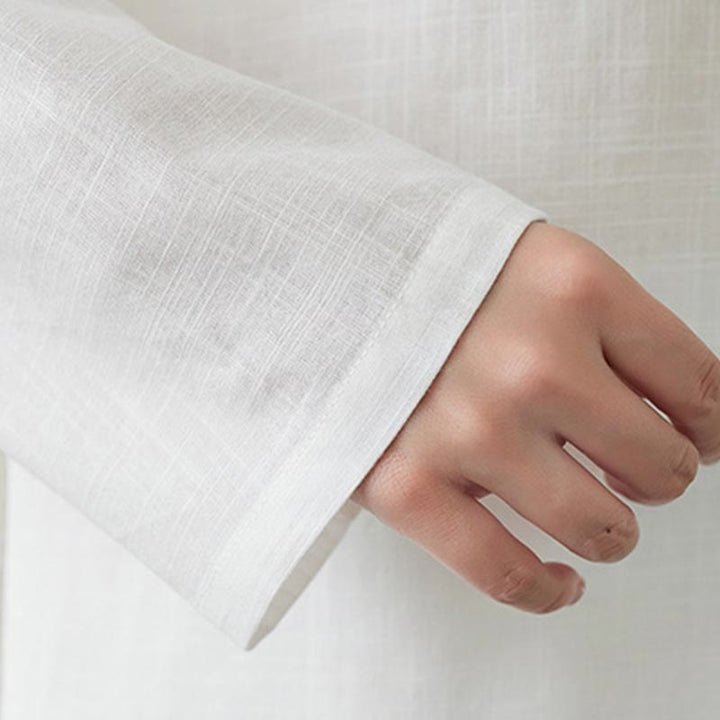 Conjunto de 2 piezas de camisa de manga larga con cuello alto y botones de rana de color liso con Buddha Stones y pantalones de cintura elástica para meditación, tai chi y zen para mujer