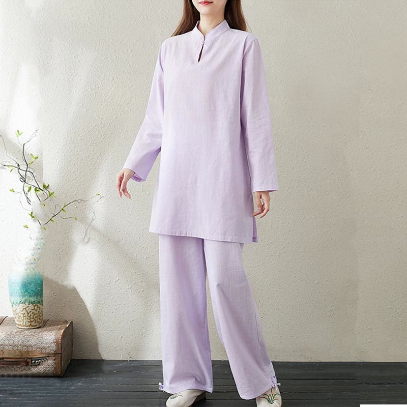 Conjunto de 2 piezas de camisa de manga larga con cuello alto y botones de rana de color liso con Buddha Stones y pantalones de cintura elástica para meditación, tai chi y zen para mujer