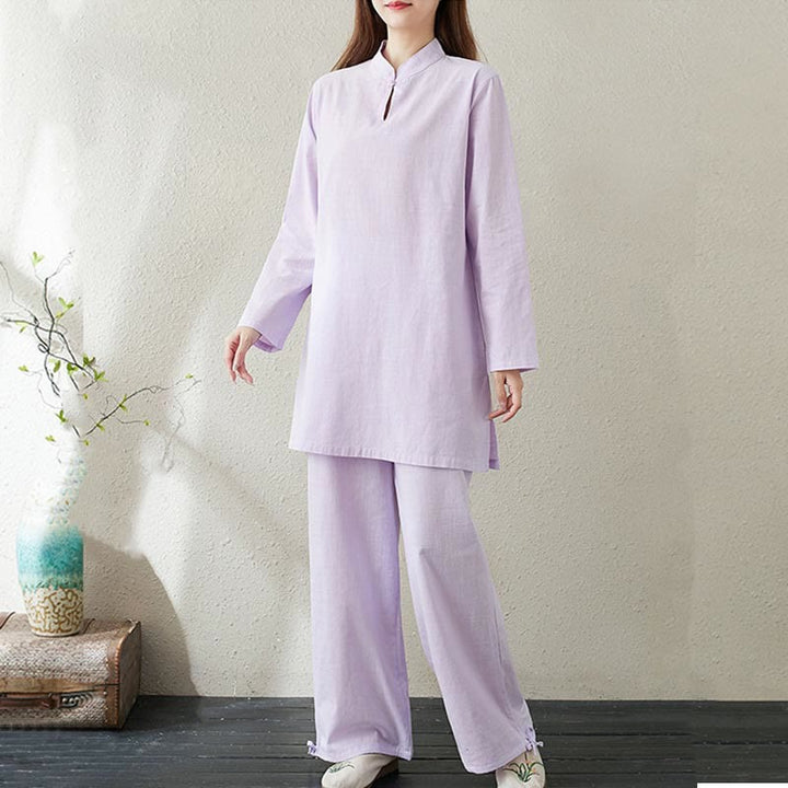 Conjunto de 2 piezas de camisa de manga larga con cuello alto y botones de rana de color liso con Buddha Stones y pantalones de cintura elástica para meditación, tai chi y zen para mujer