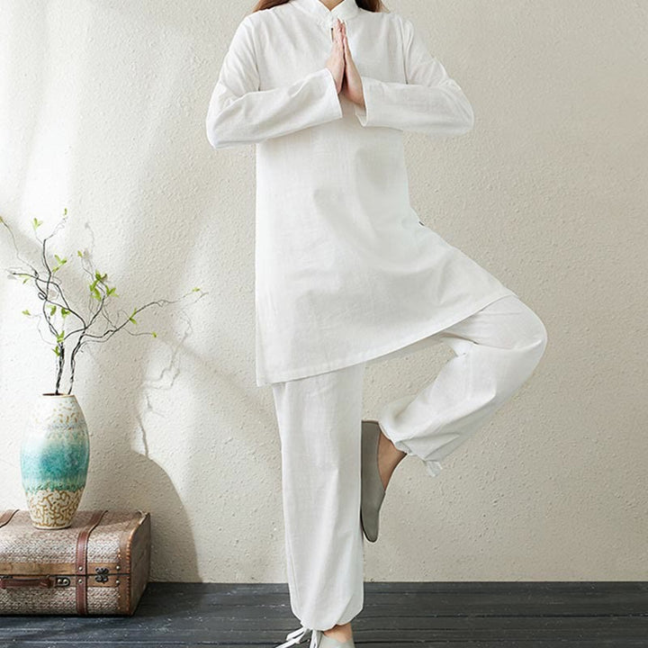 Conjunto de 2 piezas de camisa de manga larga con cuello alto y botones de rana de color liso con Buddha Stones y pantalones de cintura elástica para meditación, tai chi y zen para mujer