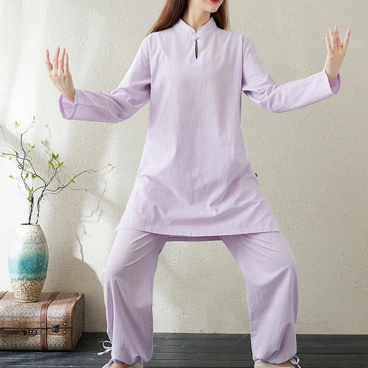 Conjunto de 2 piezas de camisa de manga larga con cuello alto y botones de rana de color liso con Buddha Stones y pantalones de cintura elástica para meditación, tai chi y zen para mujer