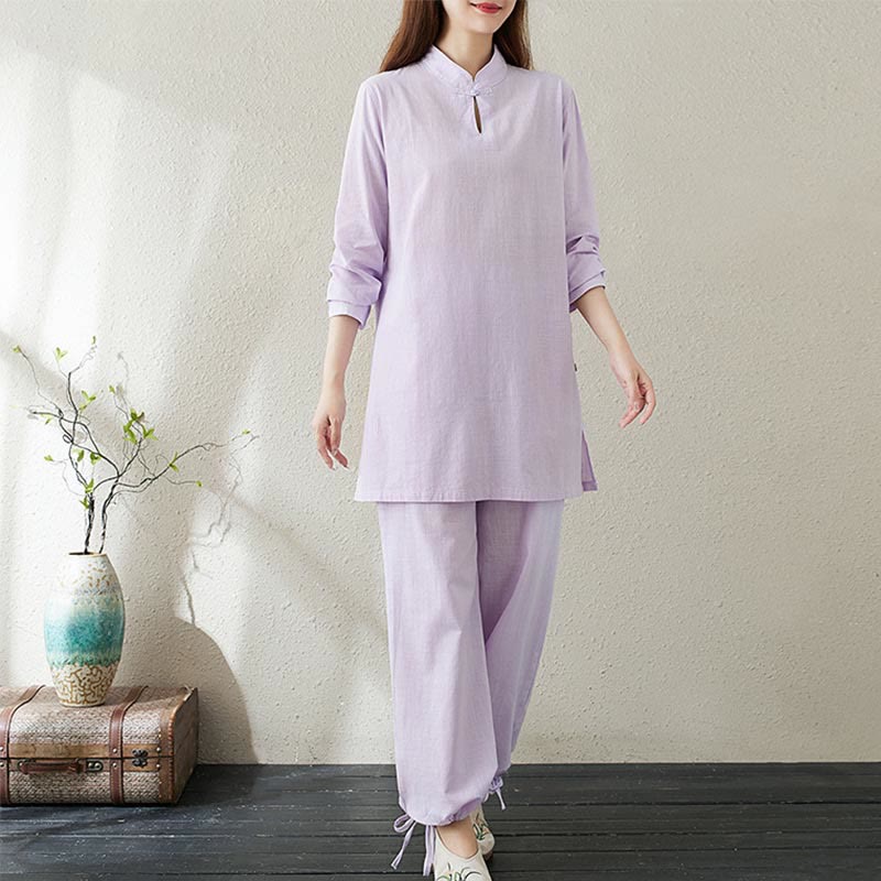 Conjunto de 2 piezas de camisa de manga larga con cuello alto y botones de rana de color liso con Buddha Stones y pantalones de cintura elástica para meditación, tai chi y zen para mujer