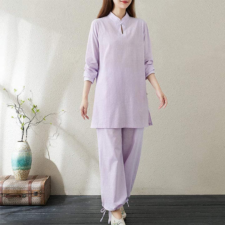 Conjunto de 2 piezas de camisa de manga larga con cuello alto y botones de rana de color liso con Buddha Stones y pantalones de cintura elástica para meditación, tai chi y zen para mujer