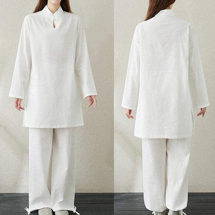 Conjunto de 2 piezas de camisa de manga larga con cuello alto y botones de rana de color liso con Buddha Stones y pantalones de cintura elástica para meditación, tai chi y zen para mujer