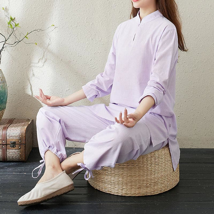 Conjunto de 2 piezas de camisa de manga larga con cuello alto y botones de rana de color liso con Buddha Stones y pantalones de cintura elástica para meditación, tai chi y zen para mujer