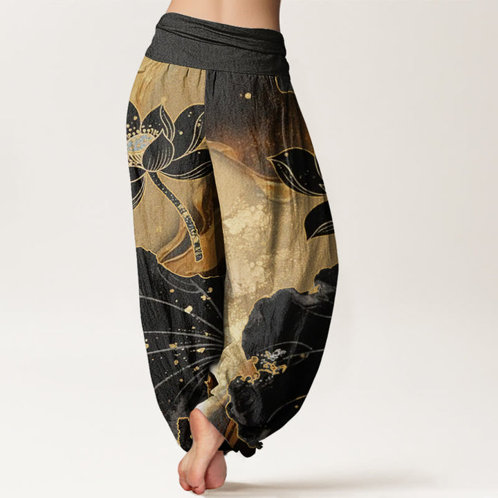 Pantalones bombachos de mujer con cintura elástica, estampado de pétalos de loto y algodón con Buddha Stones. - image 2