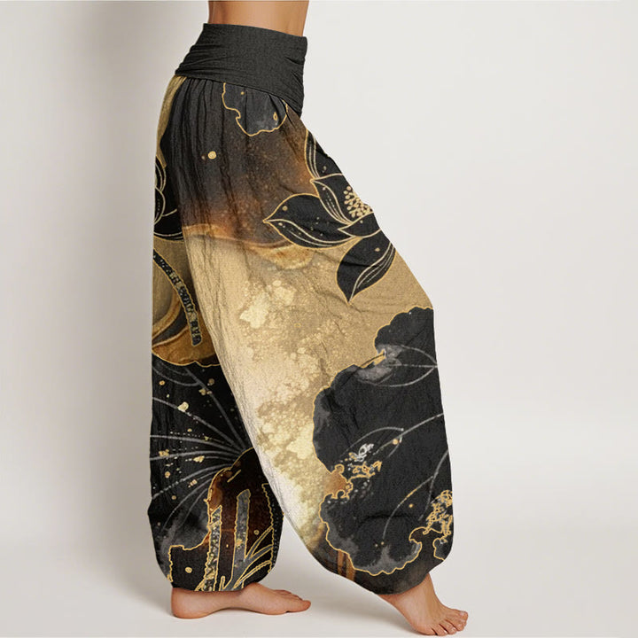 Pantalones bombachos de mujer con cintura elástica, estampado de pétalos de loto y algodón con Buddha Stones. - image 1