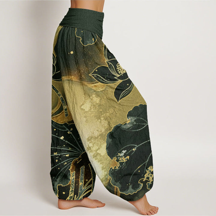 Pantalones bombachos de mujer con cintura elástica, estampado de pétalos de loto y algodón con Buddha Stones. - image 5
