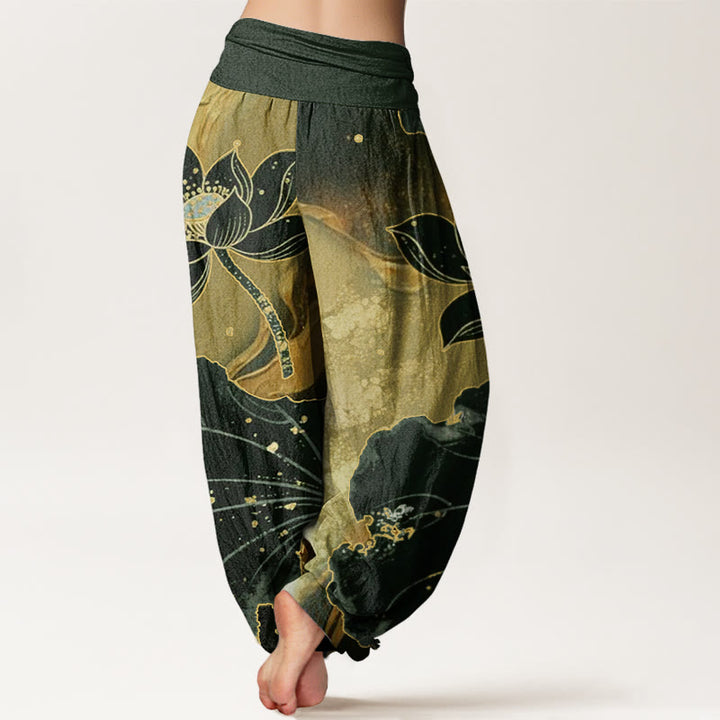 Pantalones bombachos de mujer con cintura elástica, estampado de pétalos de loto y algodón con Buddha Stones. - image 6