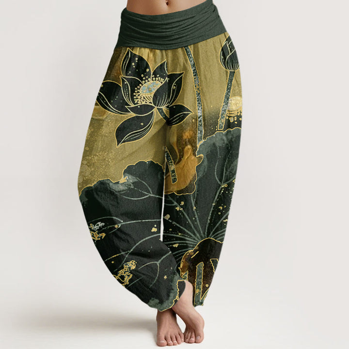 Pantalones bombachos de mujer con cintura elástica, estampado de pétalos de loto y algodón con Buddha Stones. - Verde oliva oscuro - US22，UK/AU26，EU54 (6XL) - image 4