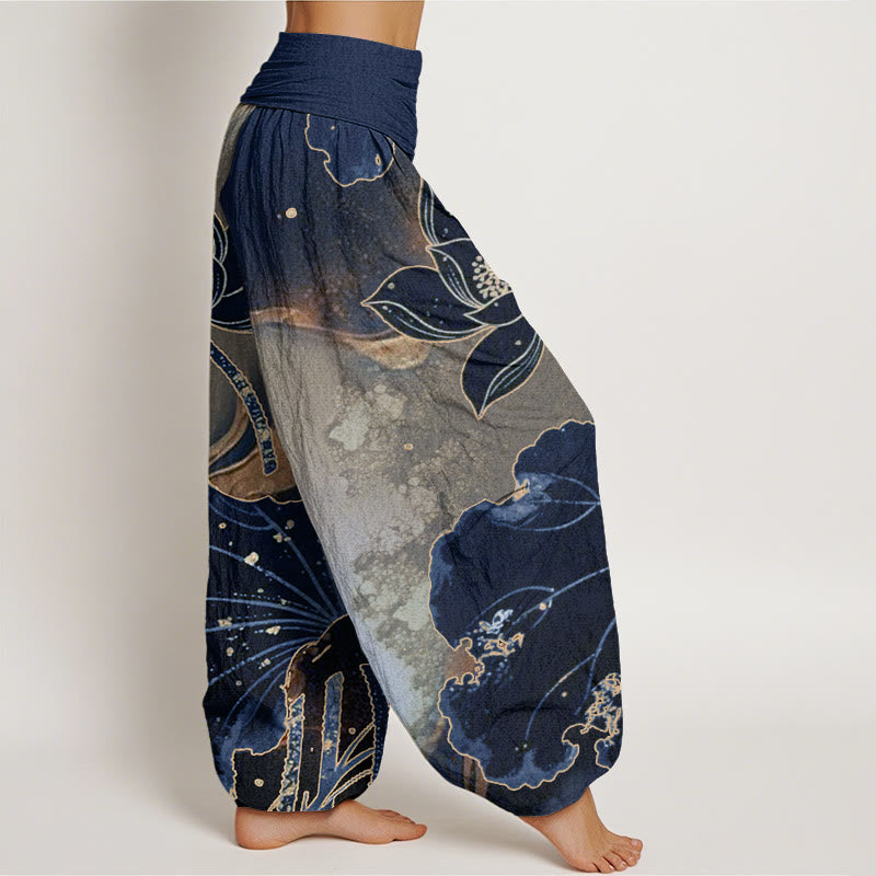 Pantalones bombachos de mujer con cintura elástica, estampado de pétalos de loto y algodón con Buddha Stones. - image 8