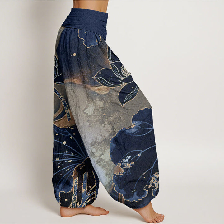 Pantalones bombachos de mujer con cintura elástica, estampado de pétalos de loto y algodón con Buddha Stones. - image 8